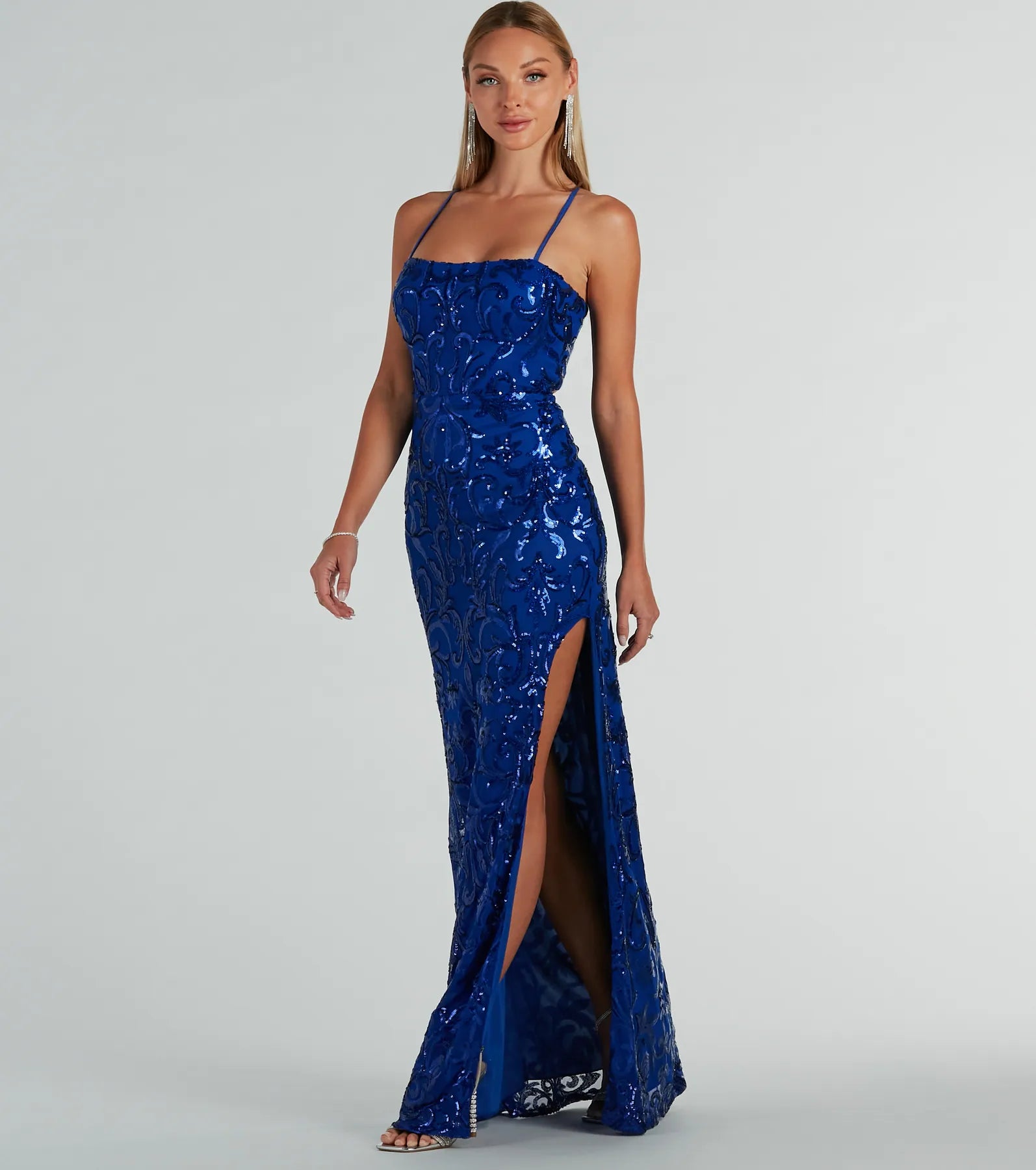 Dalia Lace-Up Sequin Mesh Mermaid Dress