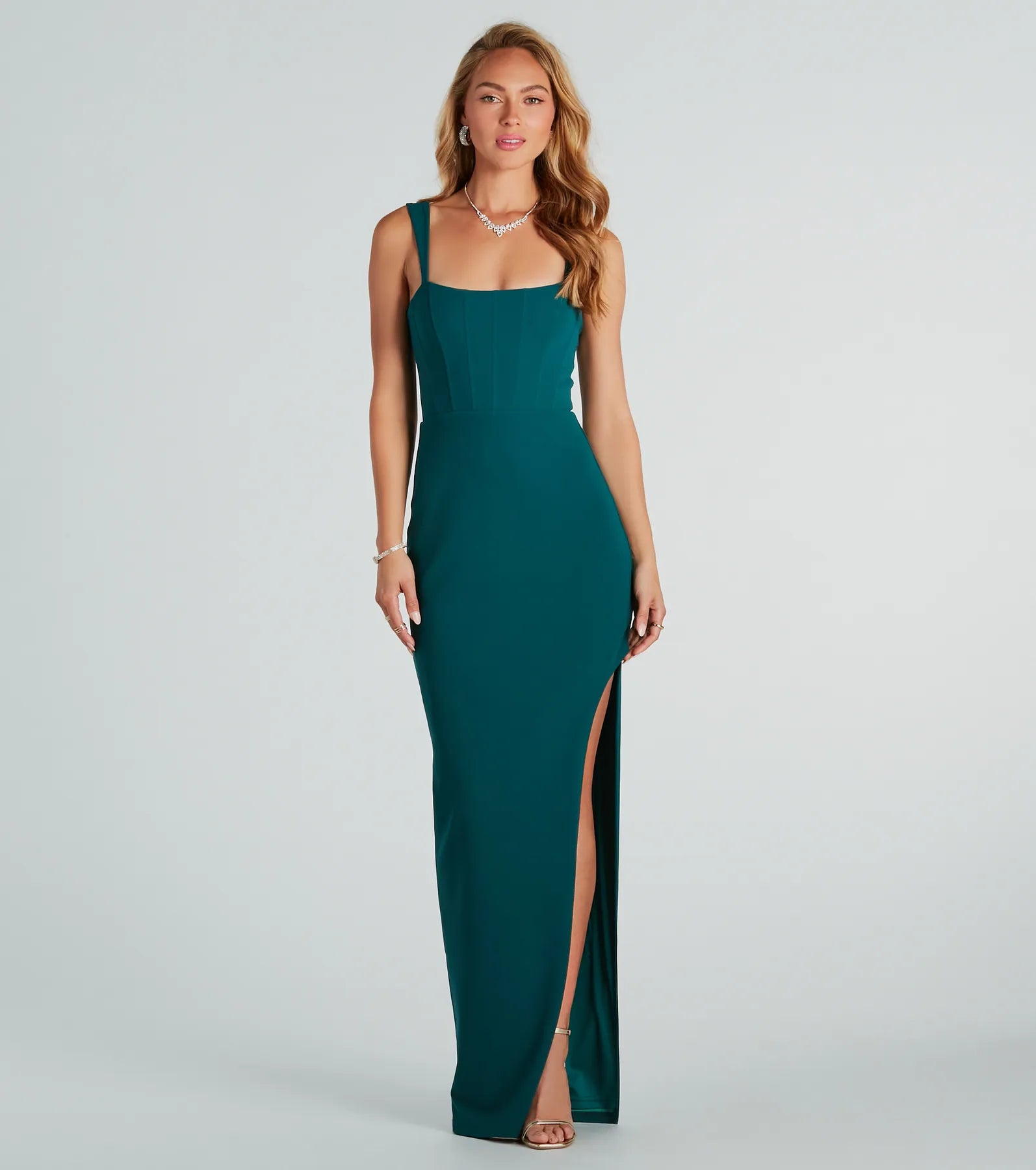 Diana Formal Crepe Corset Slit Long Dress