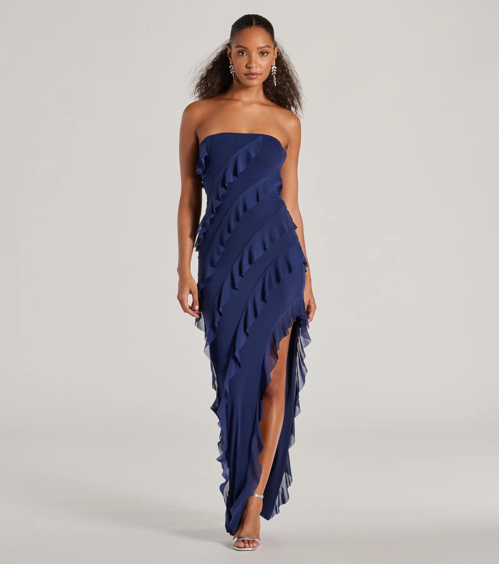 Gabby Formal Mesh Strapless Ruffle Long Dress