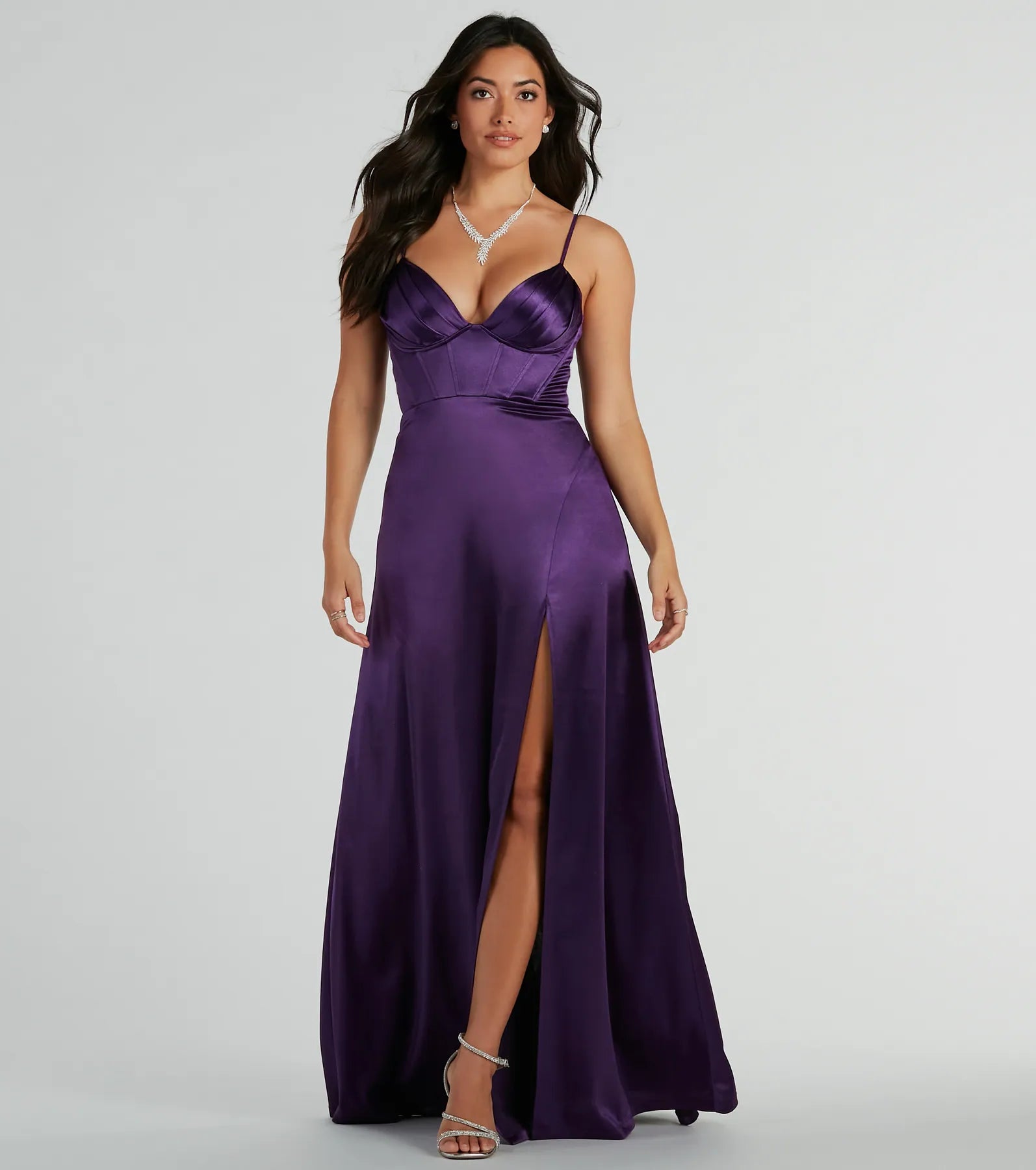 Haley Corset Slit A-Line Satin Formal Dress