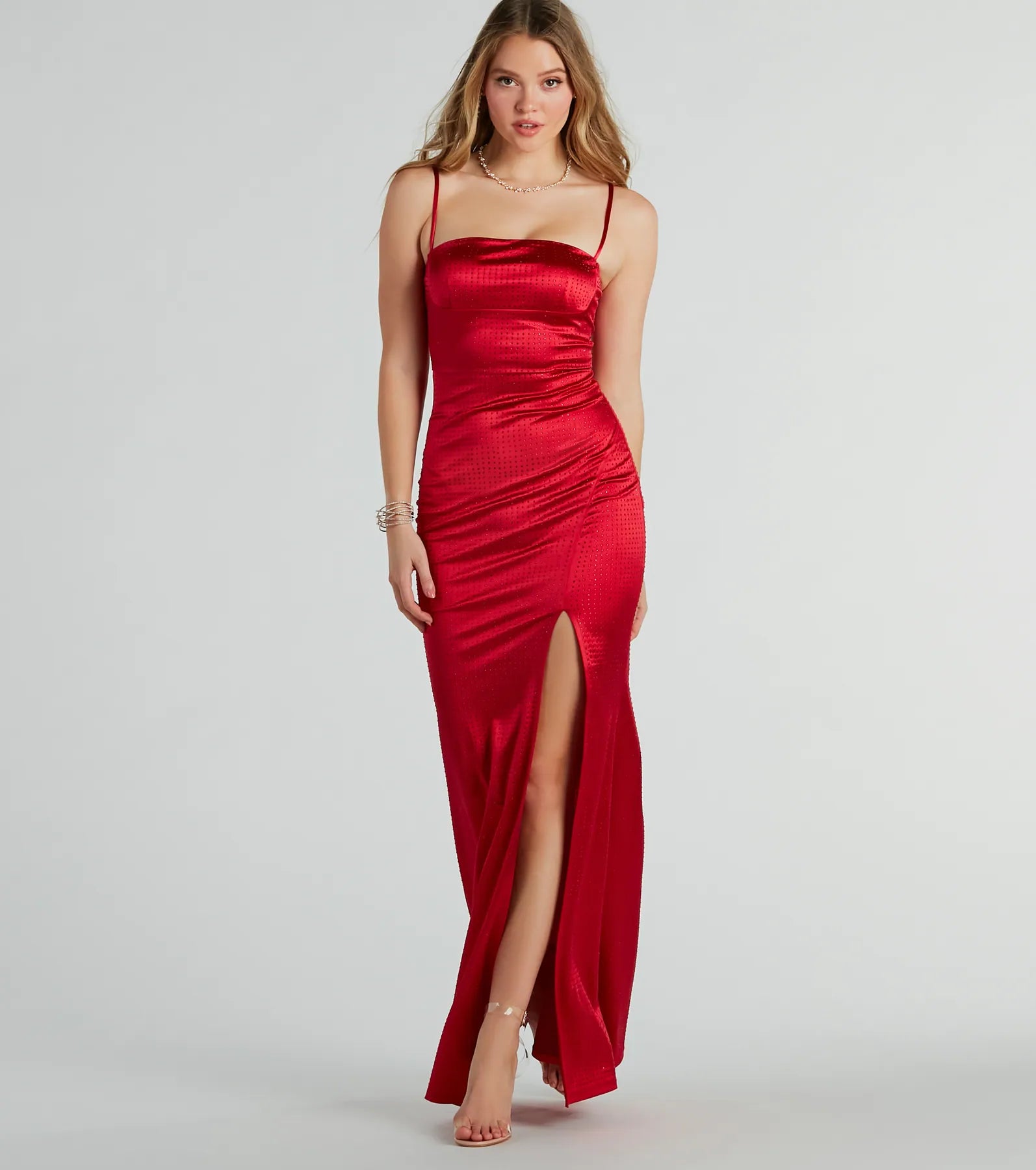 Hallie Rhinestone Satin High Slit Mermaid Dress