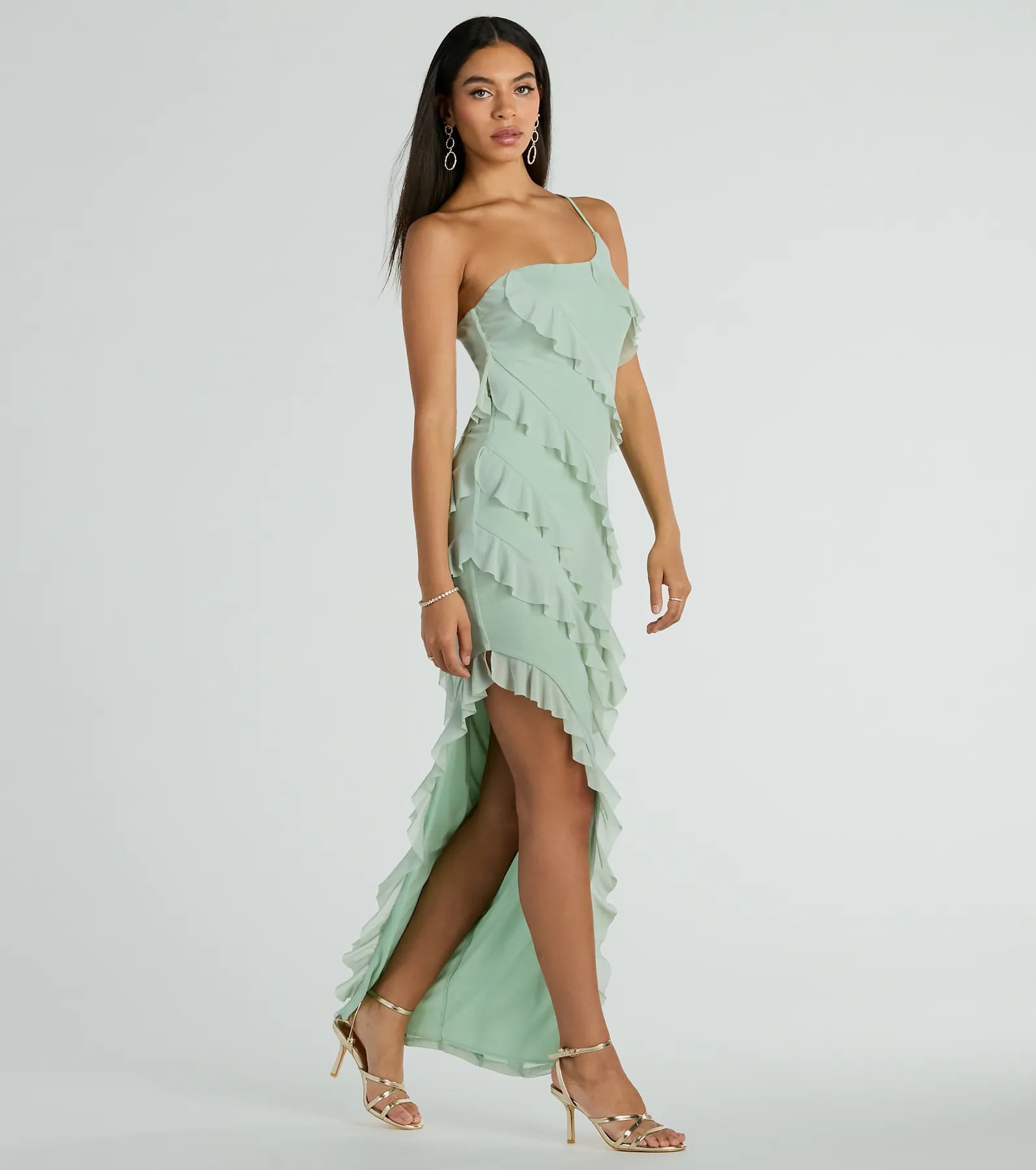 Jaymie One-Shoulder Ruffle Slit Formal Dress