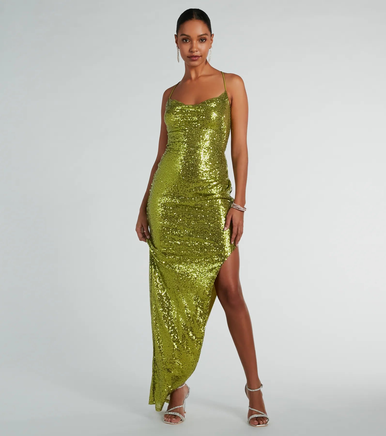 Jennifer Strappy Back High Slit Sequin Formal Dress