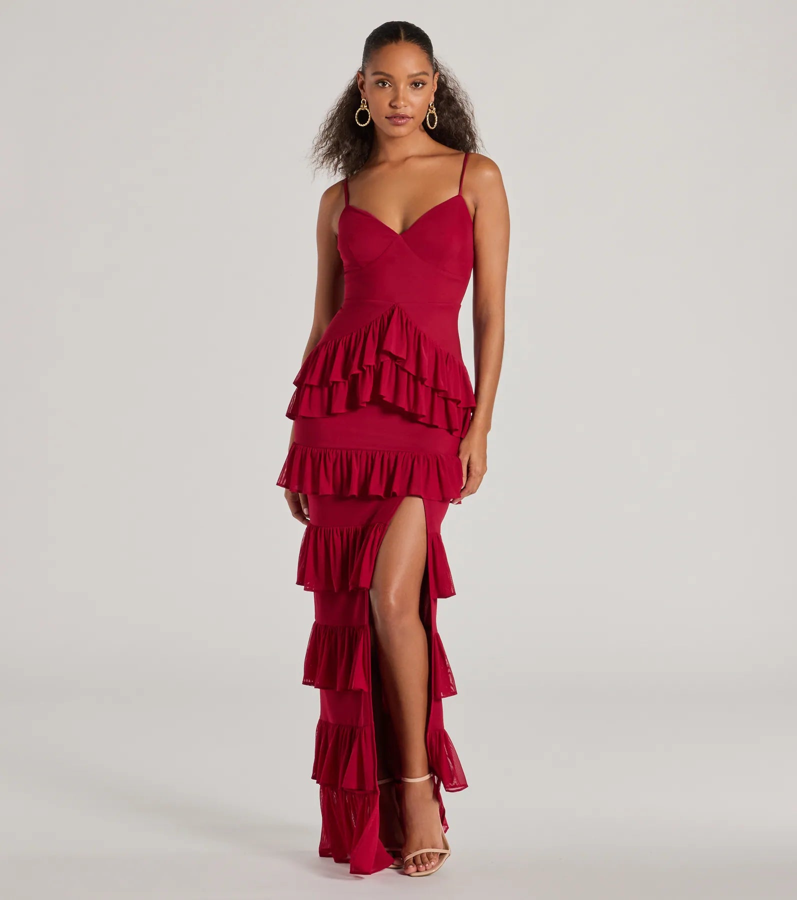 Monica V-Neck Lace-Up Ruffle Slim Formal Dress