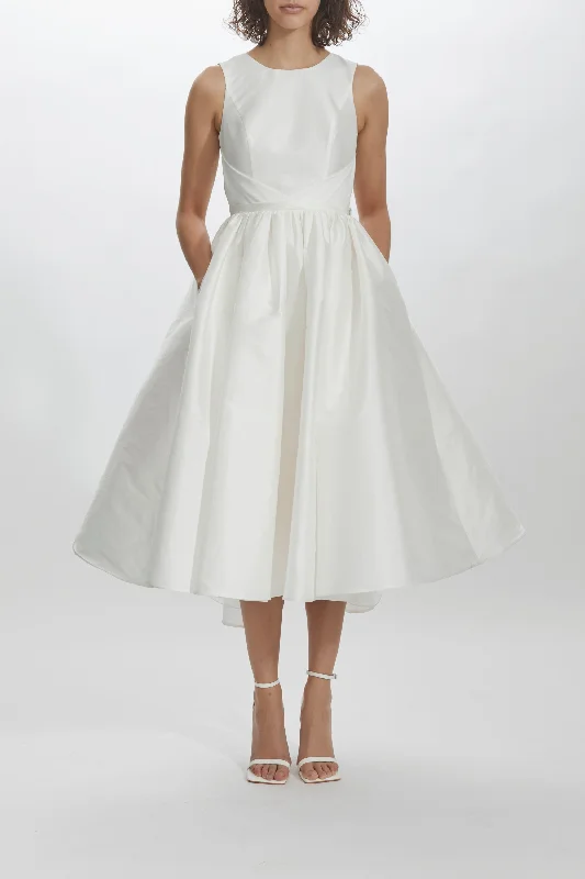 Taffeta Boat Neck Gathered Waist Dress