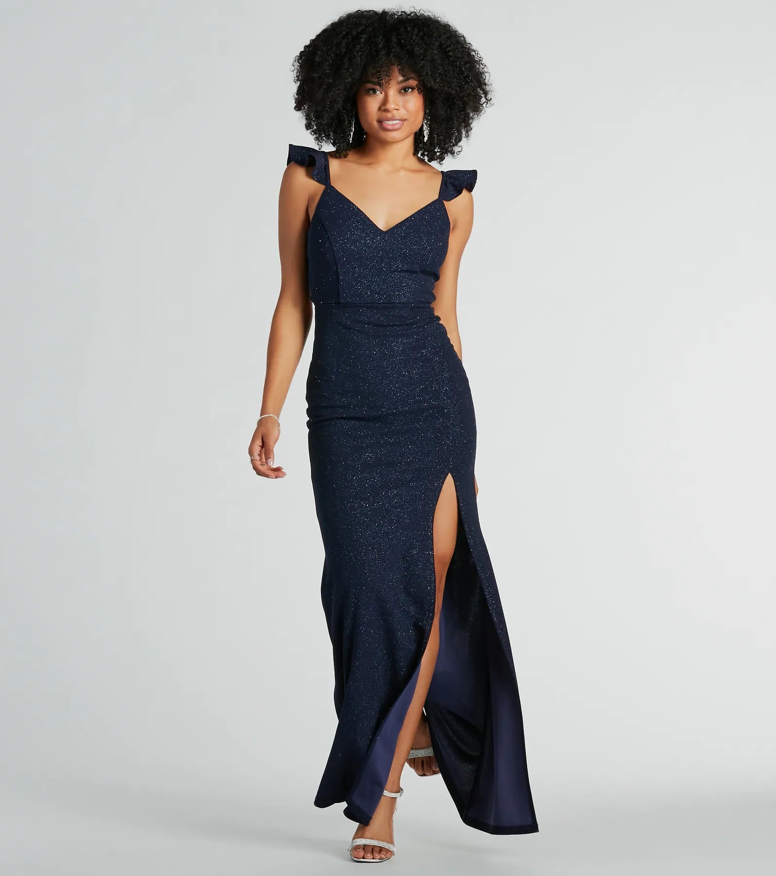 Tamera V-Neck Ruffle Mermaid Glitter Formal Dress