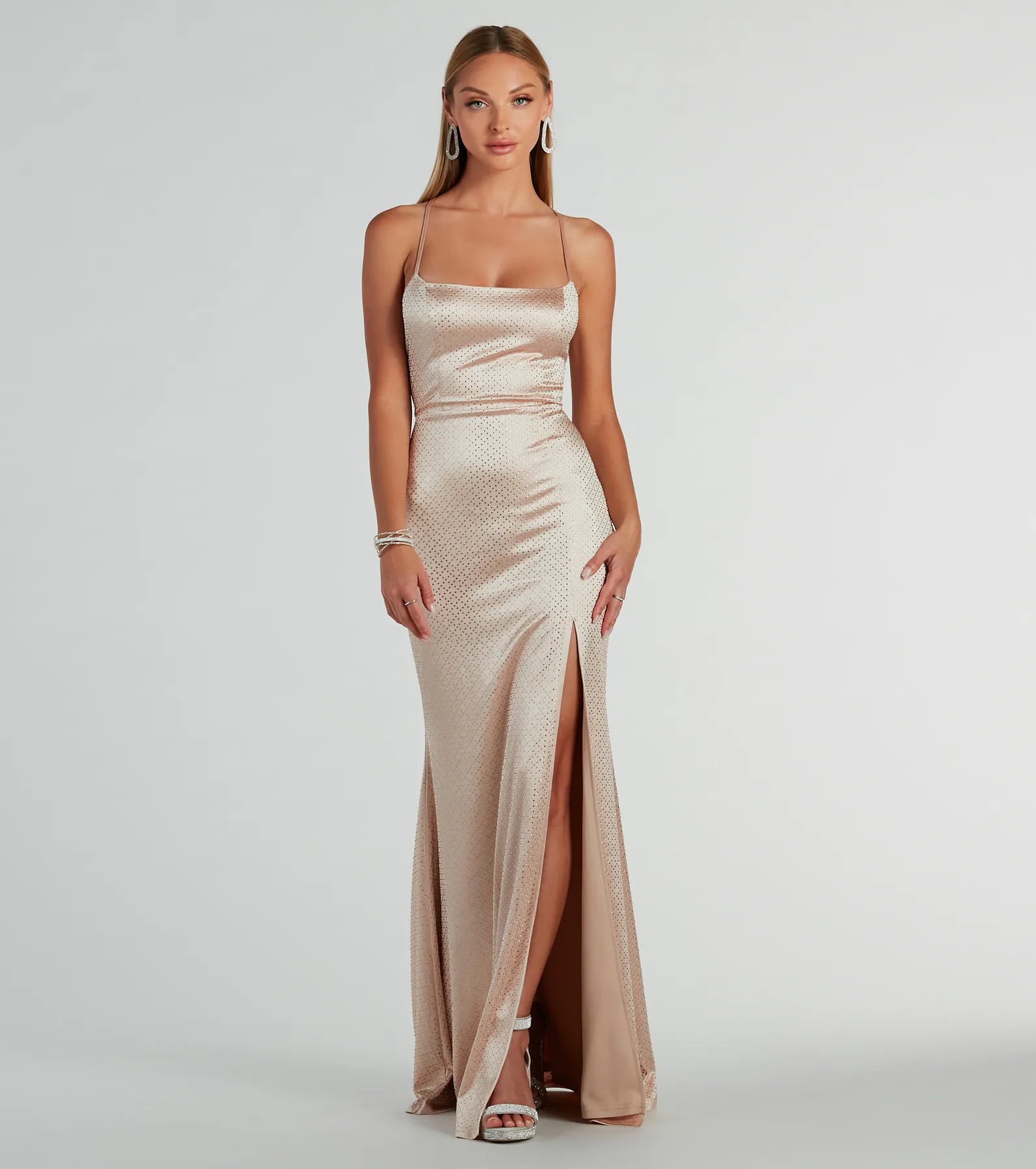 Whittney Lace-Up Rhinestone Satin Formal Dress