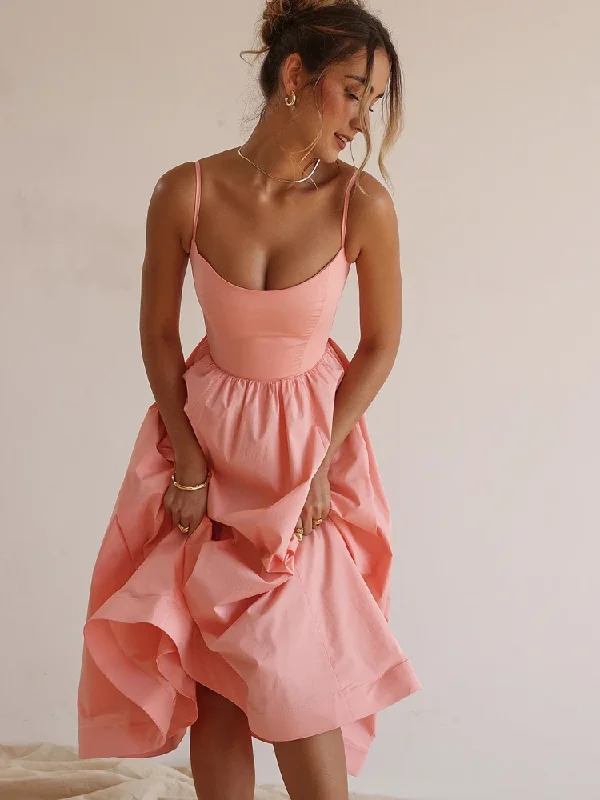 Women Elegant Long Party Dresses Pink Spaghetti Strap A Line Dress Casual Holiday Vacation Ladies Birthday Dress