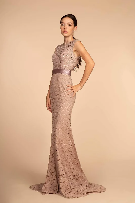 Elizabeth K - GL2613 Sequined Lace Jewel Neck Trumpet Dress