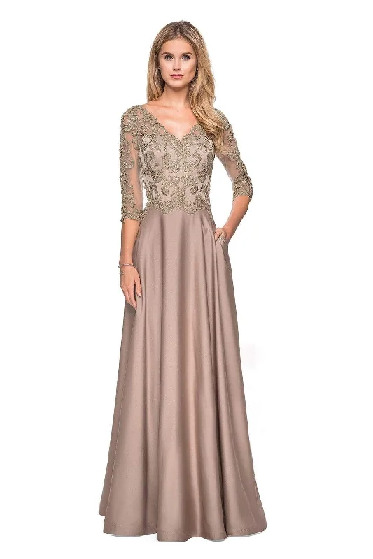 La Femme - Illusion V-Neck Quarter Sleeve Appliqued Dress 27235 - 2 pcs Gold/Olive in Size 10 and 12 Available