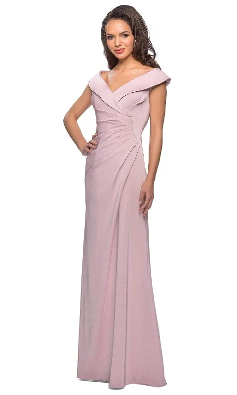 La Femme - Ruched Wide V Neck Evening Dress 26523SC