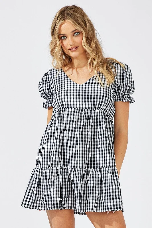 Black Check Smock Dress Short Sleeve Tiered