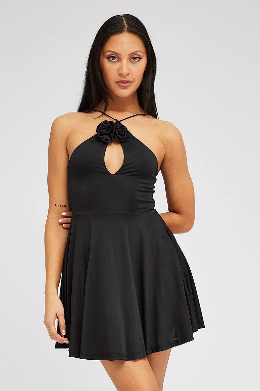 Black Rose Flower Dress Keyhole Strappy Swishy Dress