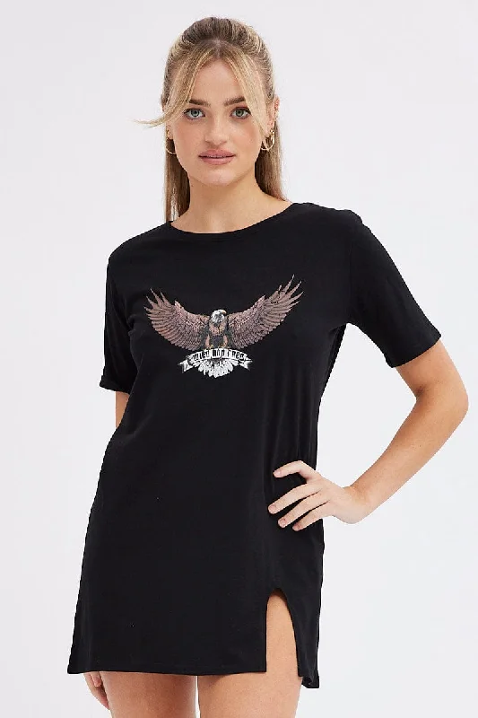 Black Tee Dress Short Sleeve Graphic Print