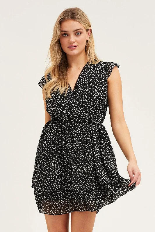 Ditsy Print Flutter Wrap Look Tie Waist Layered Dress