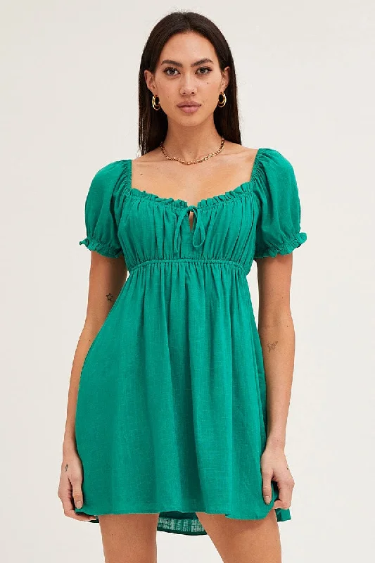 Green Gathered Bust Puff Sleeve Skater Dress