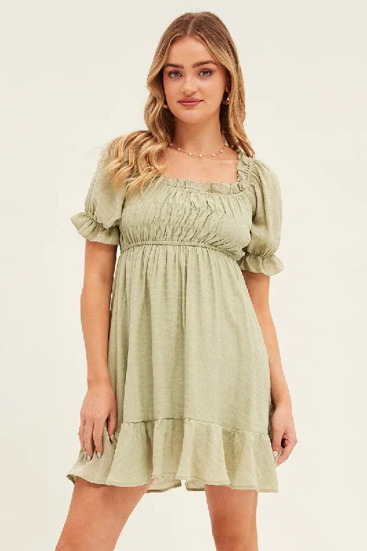 Green Gathered Bust Skater Dress