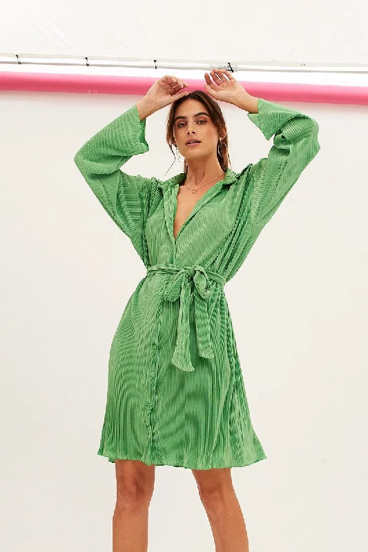 Green Plisse Shirt Dress Front Button