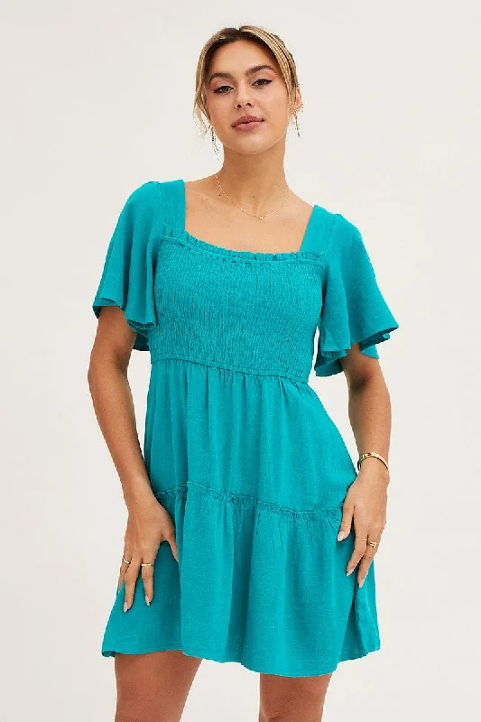 Green Shirred Bust Skater Dress