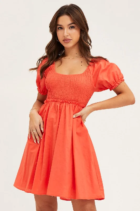 Orange Puff Sleeve Linen Shirred Skater Dress