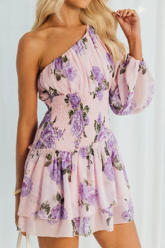 Pink Floral One Shoulder Balloon Sleeve Layered Skater Dress