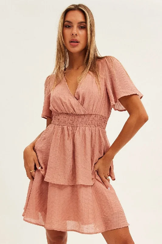 Pink Tiered Dress Flutter Sleeve Wrap Front Tiered Hem