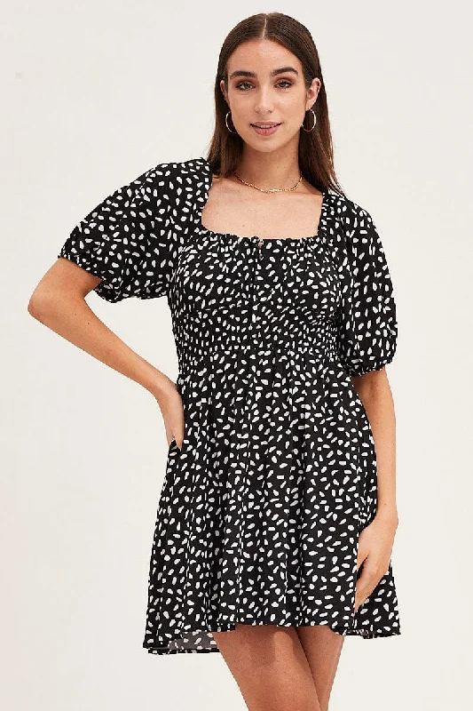 Print Puff Sleeve Skater Dress