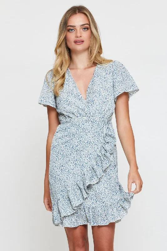 Print Wrap Dress Short Sleeve V Neck