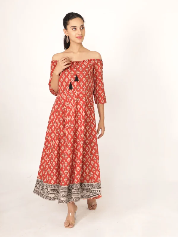 Red Cotton Hand Block Bagru Printed Short Sleeve Dress