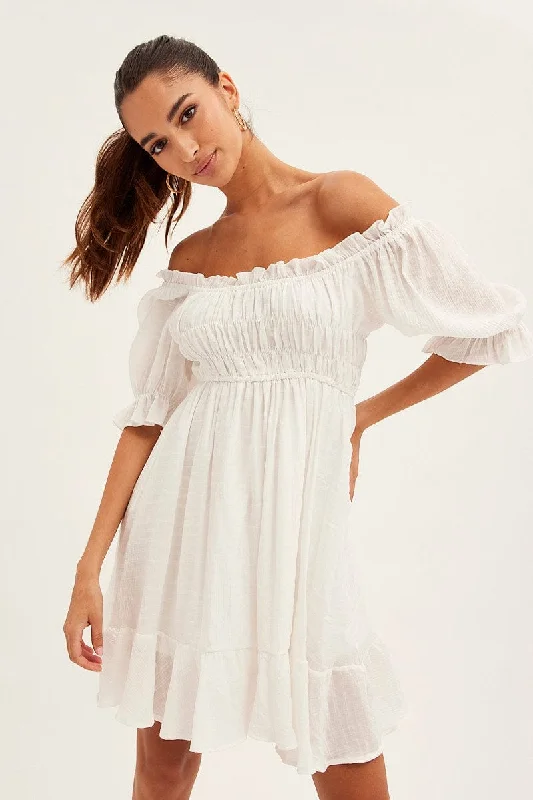 White Gathered Bust Skater Dress