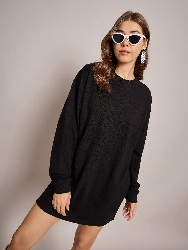 Women Black Terry Oversized Short Sweat Dress