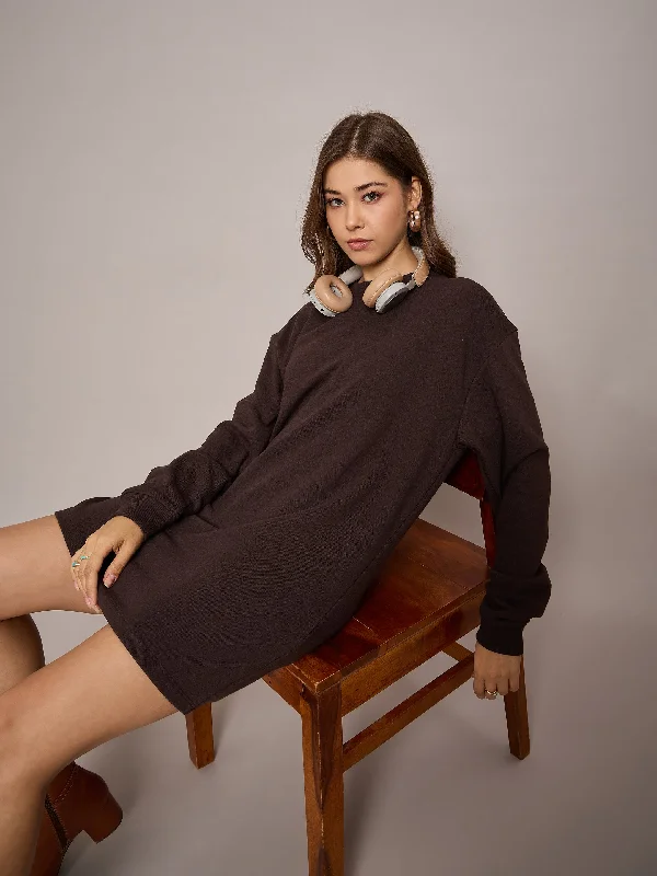 Women Brown Terry Oversized Short Sweat Dress