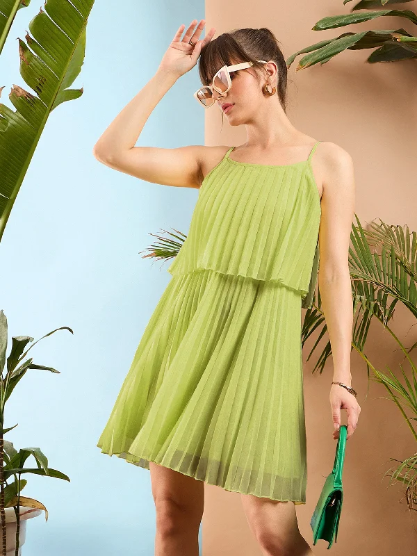 Women Mint Green Pleated Short Strappy Skater Dress