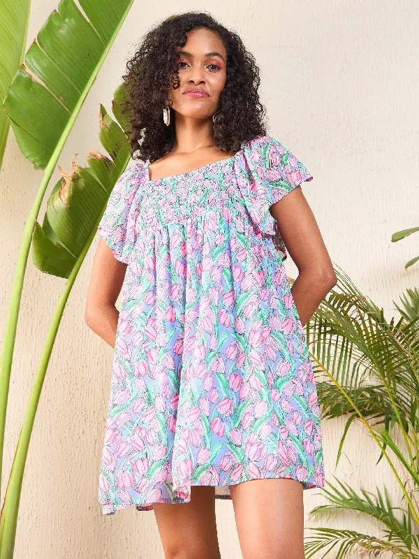 Women Pink Tulip Print Smocked Short Dress