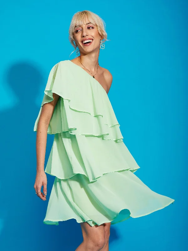 Women Pista Green One Shoulder Layered Short Dress